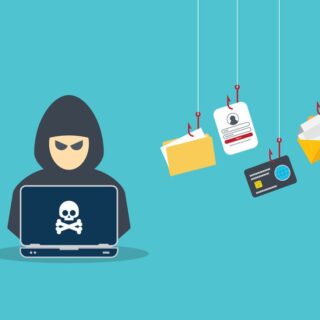 Hacker with laptop computer stealing confidential data, personal information and credit card detail. Hacking concept.